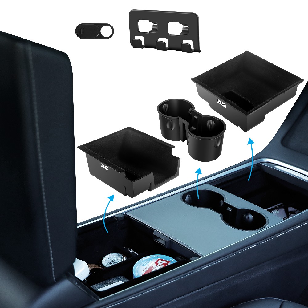 Evolop 5PCS Center Console Organizer Tray for Tesla Model Y 3 Accessories 2023 with Silicone Cup Holder Insert, Rear Trunk Hook, Camera Cover for Tesla Model 3 Y 2021 2022, Upgrade Flocked Material