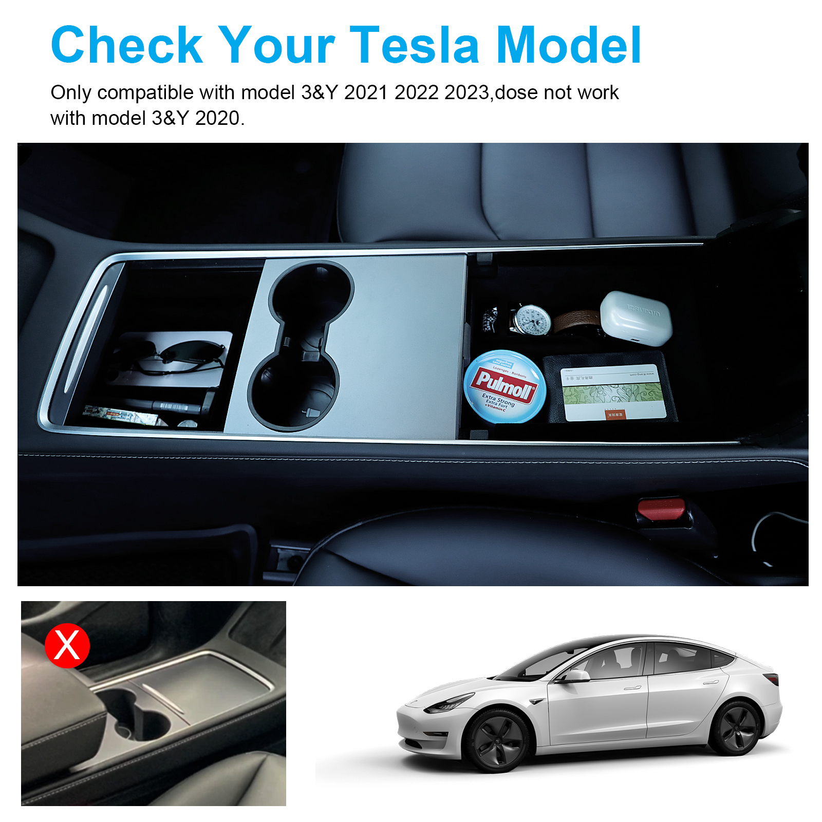 Evolop 5PCS Center Console Organizer Tray for Tesla Model Y 3 Accessories 2023 with Silicone Cup Holder Insert, Rear Trunk Hook, Camera Cover for Tesla Model 3 Y 2021 2022, Upgrade Flocked Material