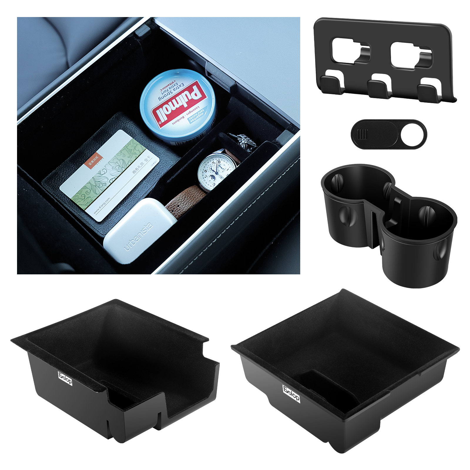 Evolop 5PCS Center Console Organizer Tray for Tesla Model Y 3 Accessories 2023 with Silicone Cup Holder Insert, Rear Trunk Hook, Camera Cover for Tesla Model 3 Y 2021 2022, Upgrade Flocked Material
