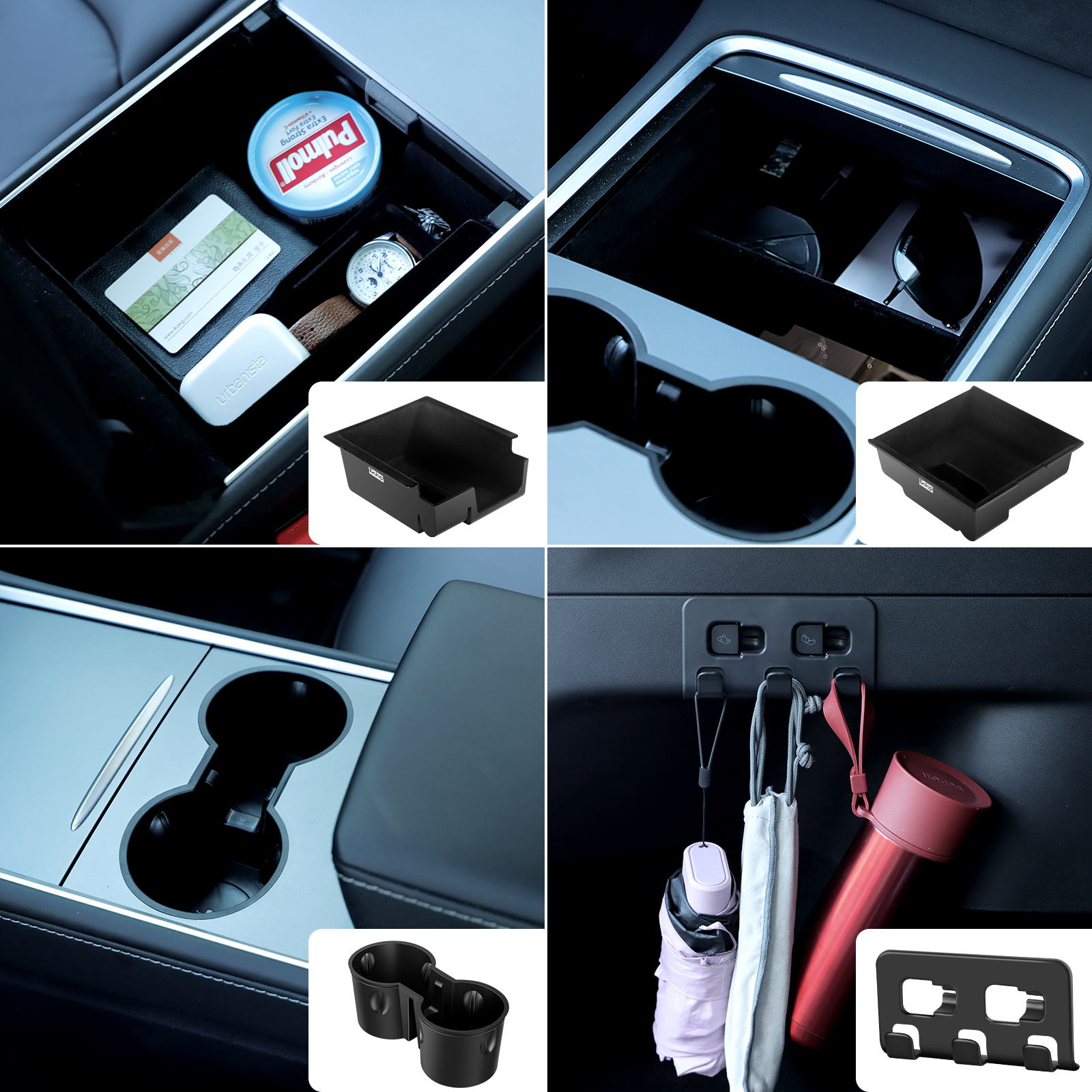 Evolop 5PCS Center Console Organizer Tray for Tesla Model Y 3 Accessories 2023 with Silicone Cup Holder Insert, Rear Trunk Hook, Camera Cover for Tesla Model 3 Y 2021 2022, Upgrade Flocked Material