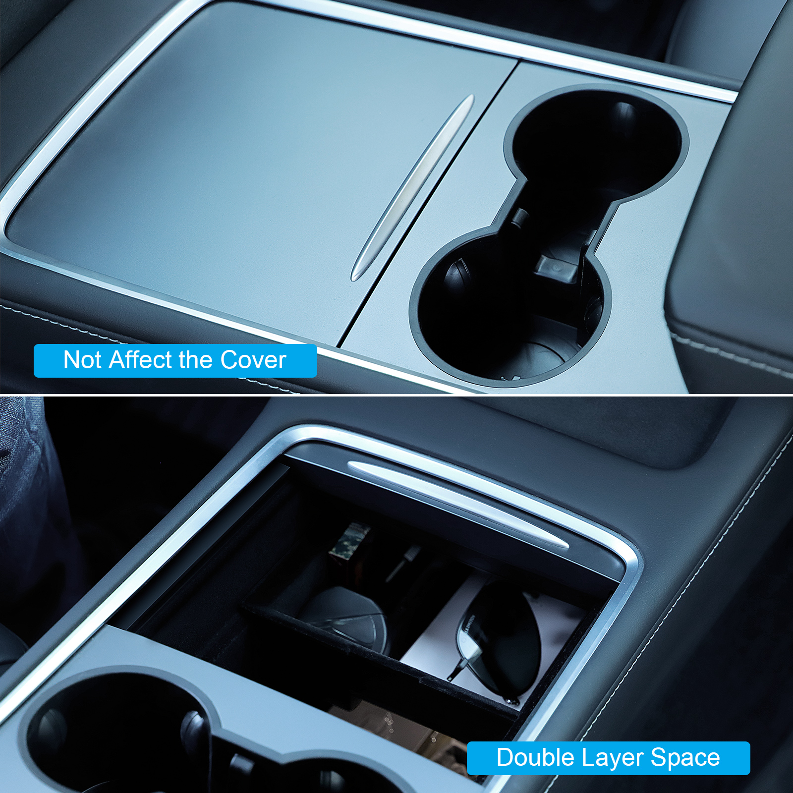 Evolop 5PCS Center Console Organizer Tray for Tesla Model Y 3 Accessories 2023 with Silicone Cup Holder Insert, Rear Trunk Hook, Camera Cover for Tesla Model 3 Y 2021 2022, Upgrade Flocked Material