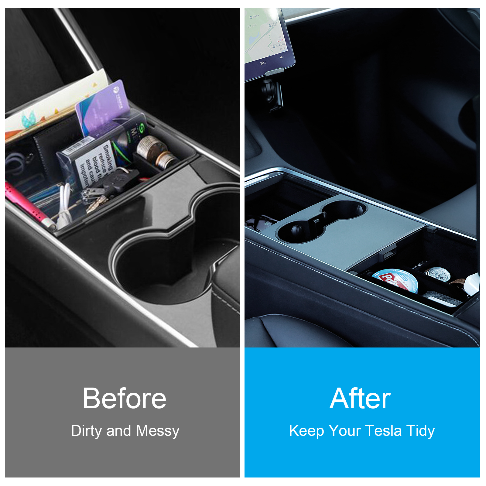 Evolop 5PCS Center Console Organizer Tray for Tesla Model Y 3 Accessories 2023 with Silicone Cup Holder Insert, Rear Trunk Hook, Camera Cover for Tesla Model 3 Y 2021 2022, Upgrade Flocked Material