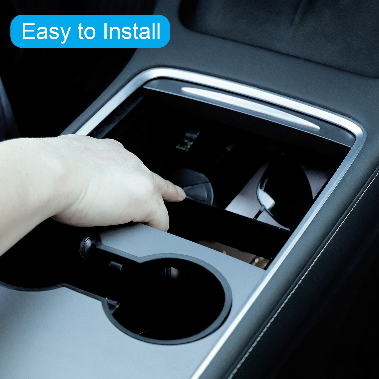 Evolop 5PCS Center Console Organizer Tray for Tesla Model Y 3 Accessories 2023 with Silicone Cup Holder Insert, Rear Trunk Hook, Camera Cover for Tesla Model 3 Y 2021 2022, Upgrade Flocked Material